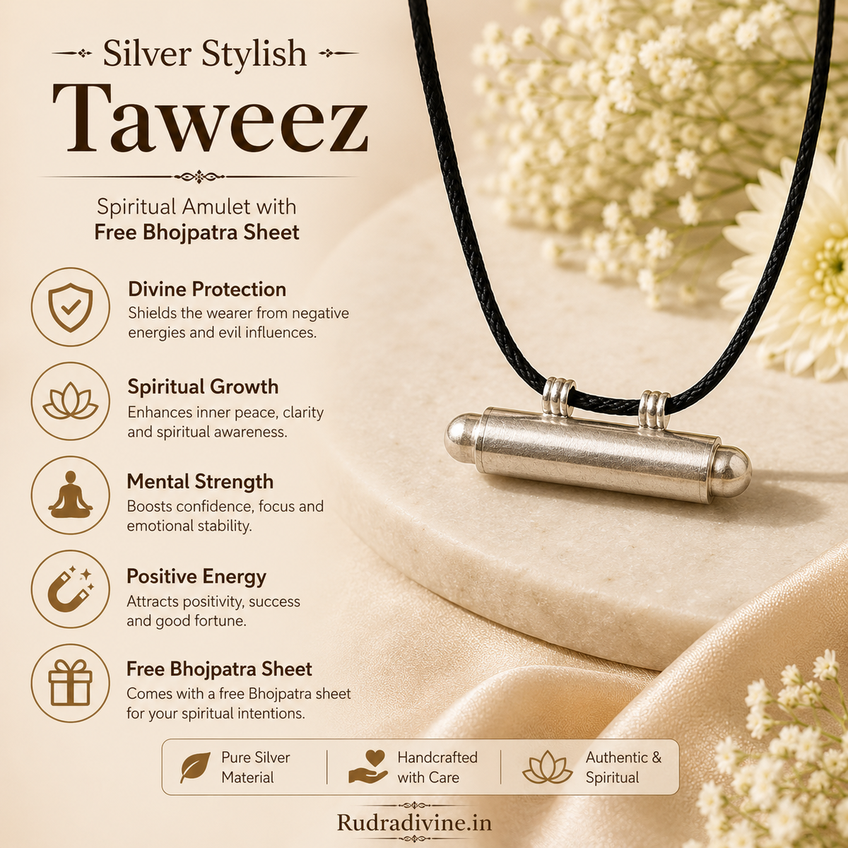 Silver Stylish Taweez with Free Bhojpatra Sheet, traditional spiritual amulet by Rudradivine for puja, devotion, rituals and everyday spiritual wear.