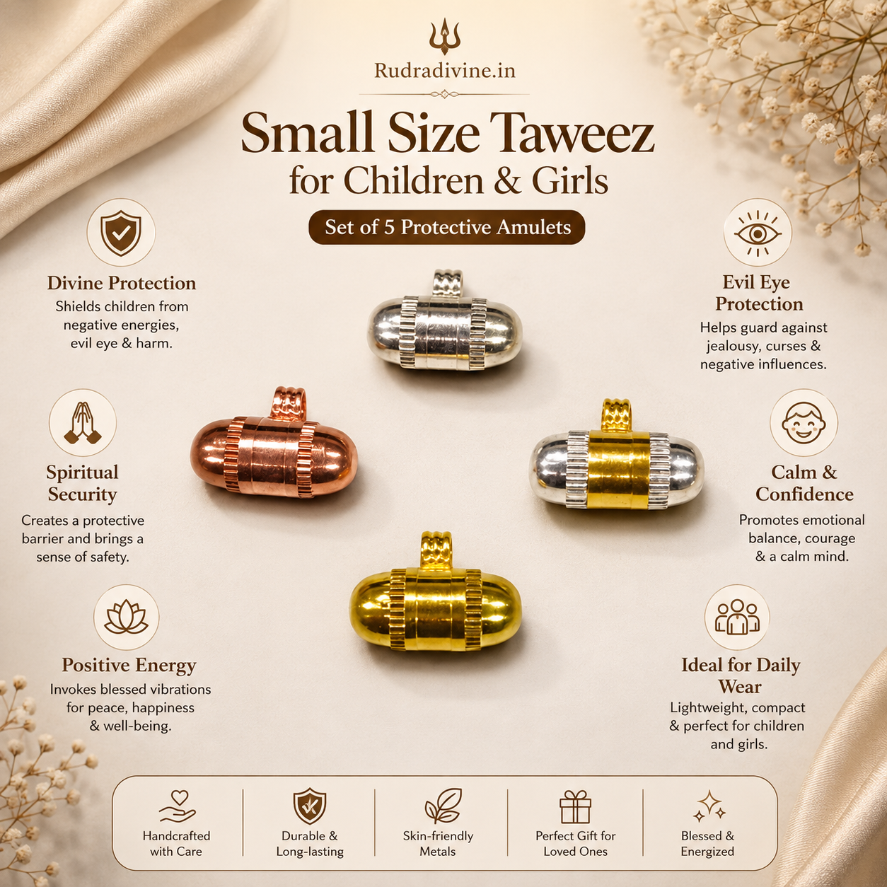Small Size Taweez for Children & Girls, set of 5 traditional protective amulets by Rudradivine for spiritual, puja and devotional use.