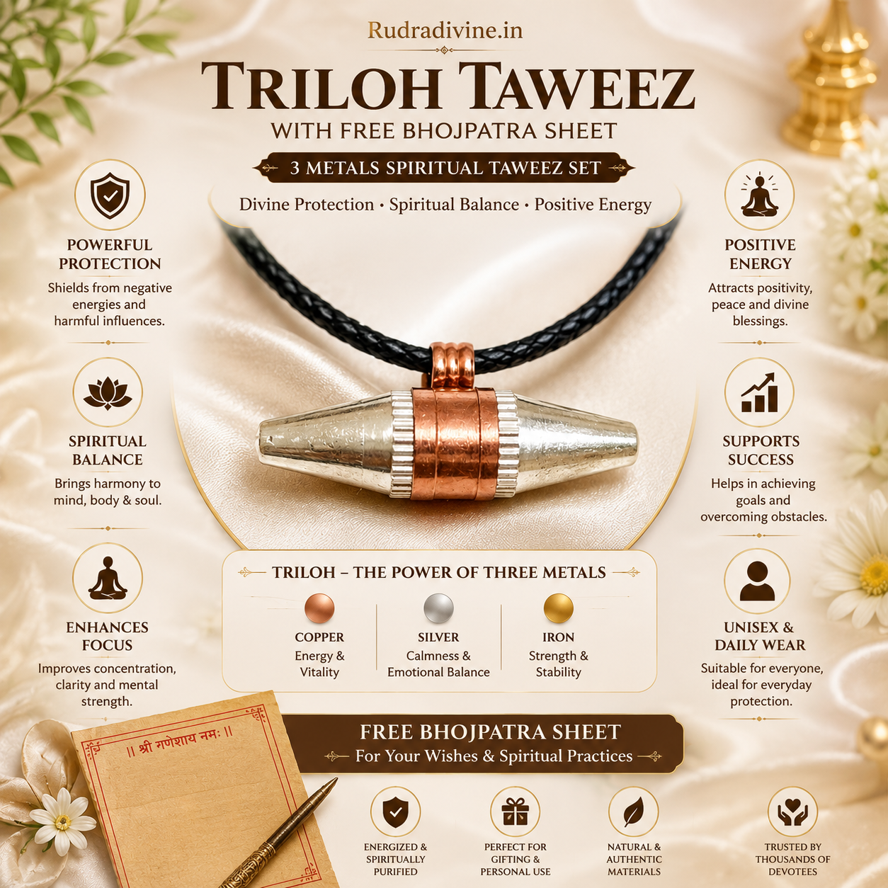 Triloh Taweez with Free Bhojpatra Sheet by Rudradivine, traditional 3-metal spiritual accessory for puja, devotion, meditation and Indian spiritual practices.