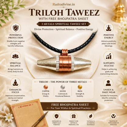 Triloh Taweez with Free Bhojpatra Sheet by Rudradivine, traditional 3-metal spiritual accessory for puja, devotion, meditation and Indian spiritual practices.