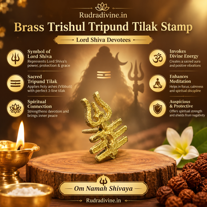 Brass Trishul Tripund Tilak Stamp by Rudradivine, designed for Lord Shiva devotees, traditional Tripund tilak application, pooja rituals and daily worship.