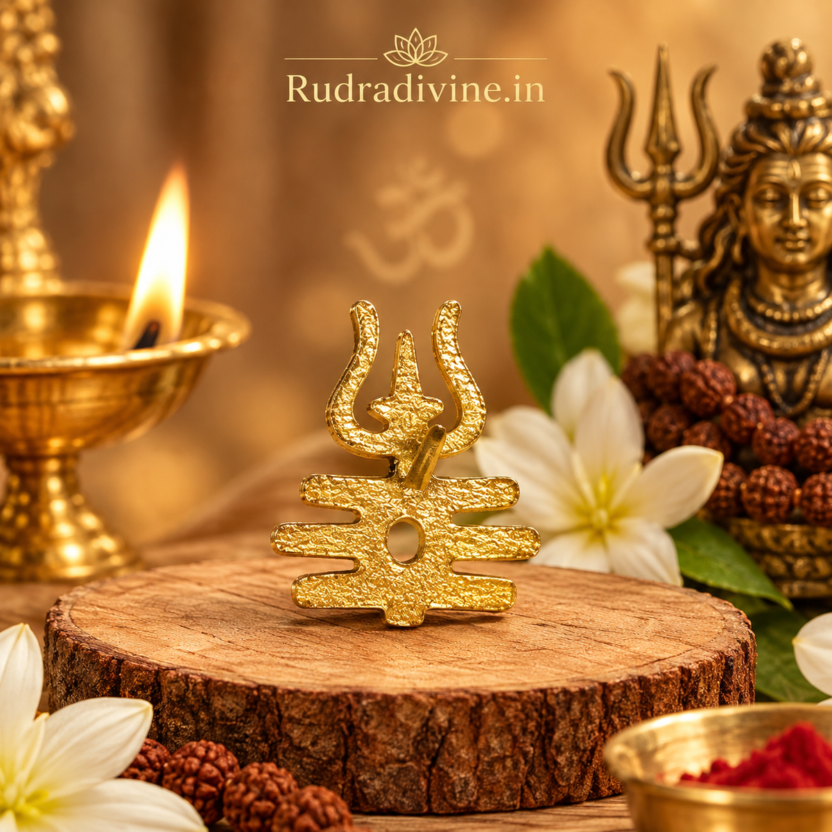Brass Trishul Tripund Tilak Stamp by Rudradivine, designed for Lord Shiva devotees, traditional Tripund tilak application, pooja rituals and daily worship.