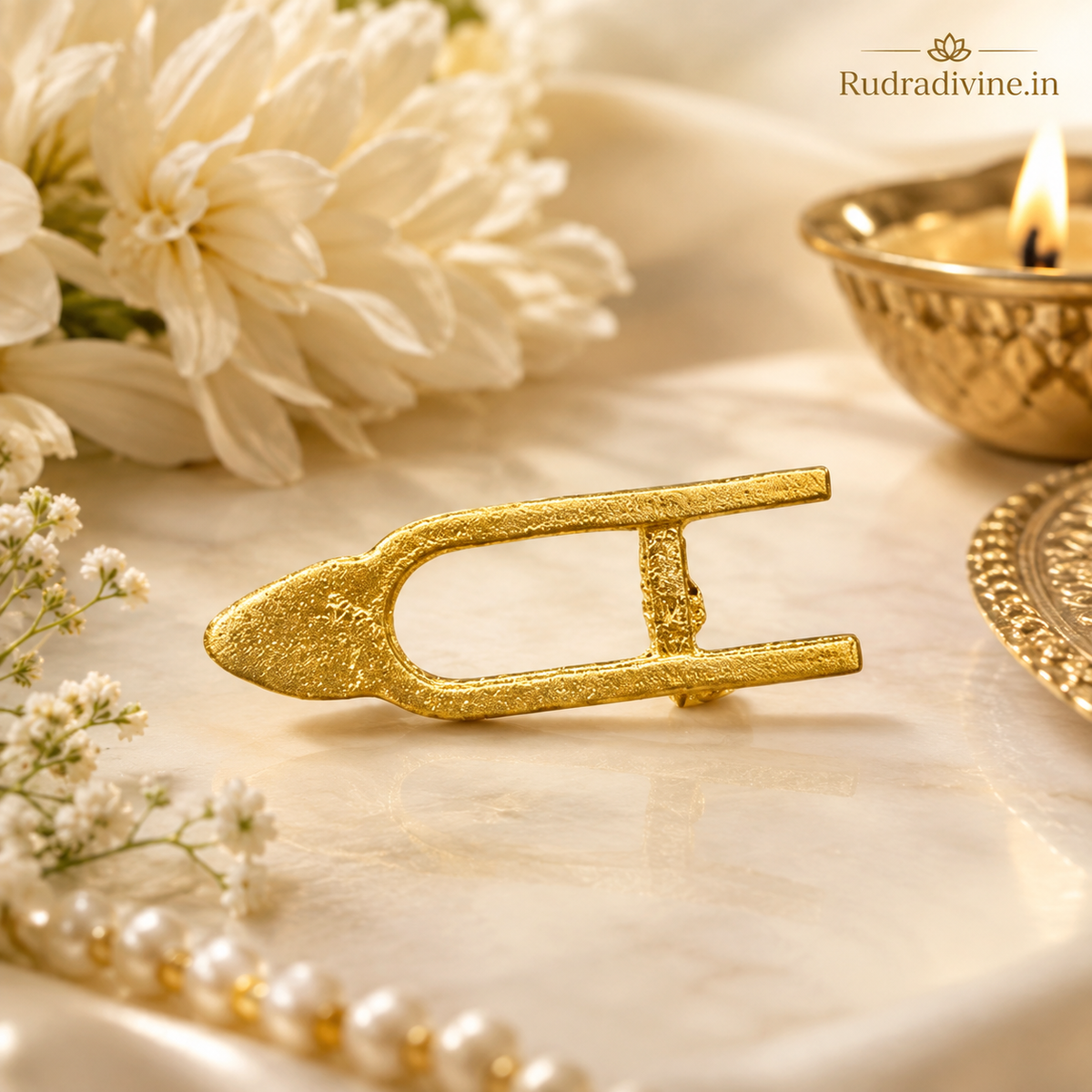 Vishnu Tilak Stamp in traditional brass with U-shaped design for applying forehead tilak, ideal for puja, temple rituals and devotional practices by Rudradivine.