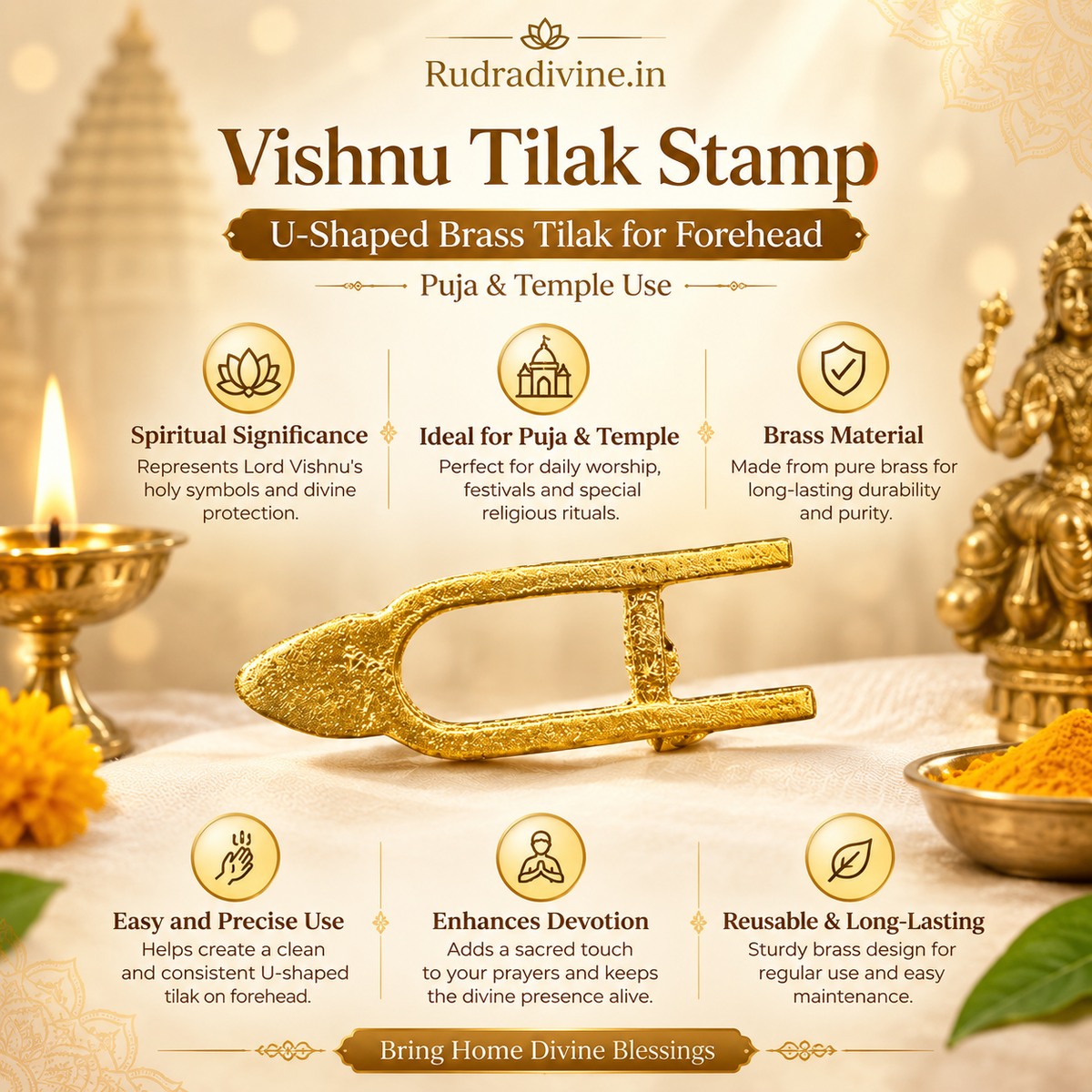 Vishnu Tilak Stamp in traditional brass with U-shaped design for applying forehead tilak, ideal for puja, temple rituals and devotional practices by Rudradivine.