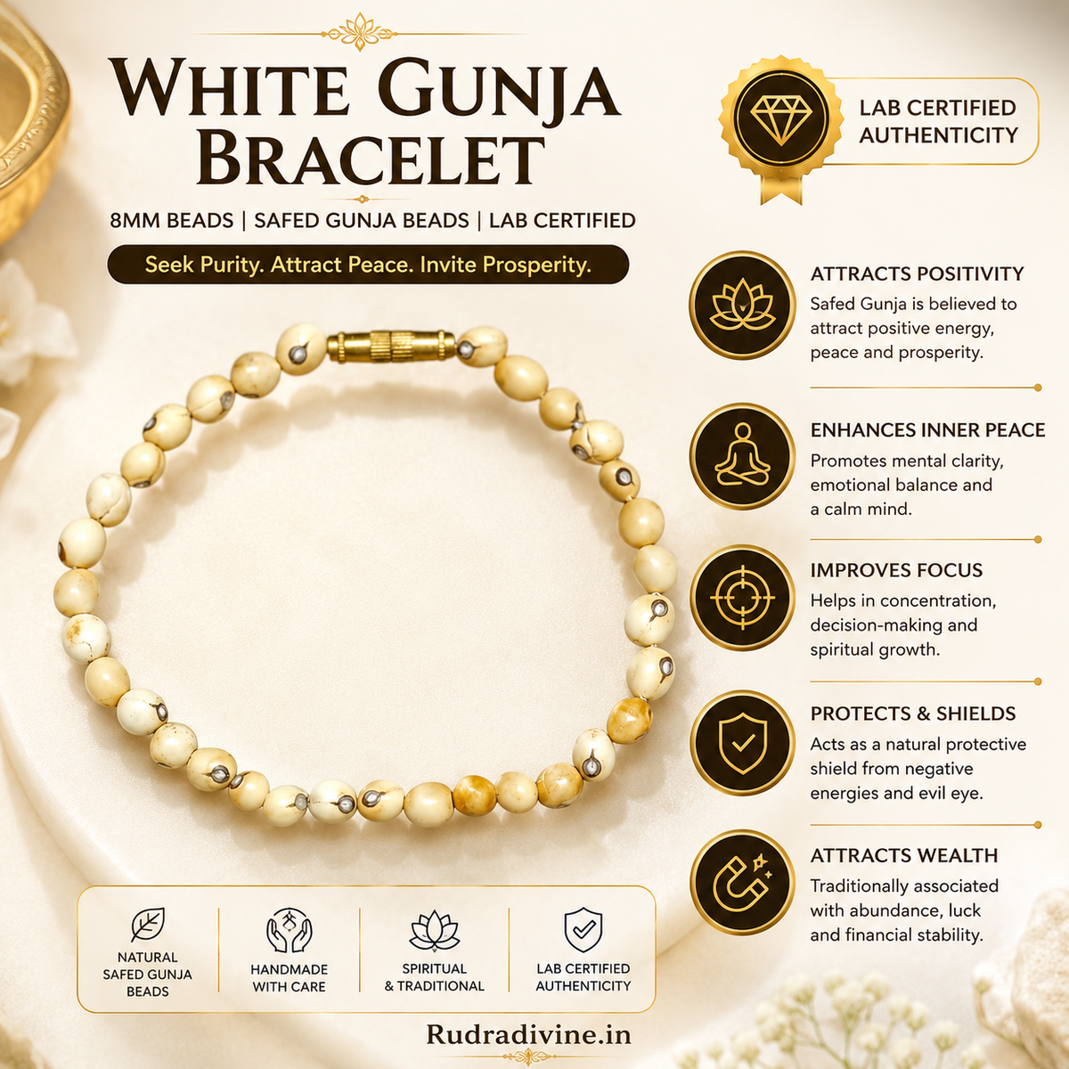 White Gunja Bracelet 5MM Safed Gunja beads with official Lab Certificate by Rudradivine, traditionally associated with spiritual protection, positivity and balance.